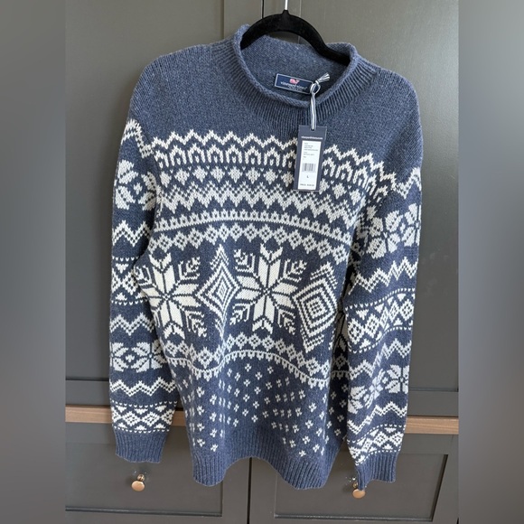 Vineyard Vines chunky Snowflake Roll neck Nautical Navy Wool Blend Sweater • L - Picture 4 of 8